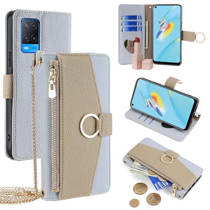 OPPO A54 4G Crossbody Phone Case with Litchi Texture Leather, Adjustable Kickstand, Card Slots, Zipper Purse, Makeup Mirror, and TPU Protection