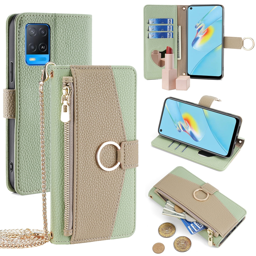 OPPO A54 4G Crossbody Phone Case with Litchi Texture Leather, Adjustable Kickstand, Card Slots, Zipper Purse, Makeup Mirror, and TPU Protection