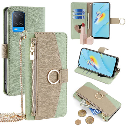 OPPO A54 4G Crossbody Phone Case with Litchi Texture Leather, Adjustable Kickstand, Card Slots, Zipper Purse, Makeup Mirror, and TPU Protection