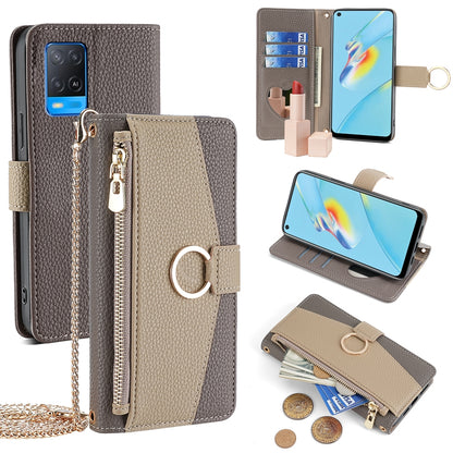 OPPO A54 4G Crossbody Phone Case with Litchi Texture Leather, Adjustable Kickstand, Card Slots, Zipper Purse, Makeup Mirror, and TPU Protection