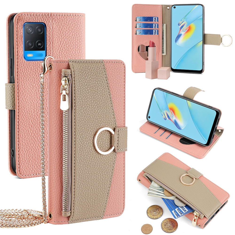 OPPO A54 4G Crossbody Phone Case with Litchi Texture Leather, Adjustable Kickstand, Card Slots, Zipper Purse, Makeup Mirror, and TPU Protection