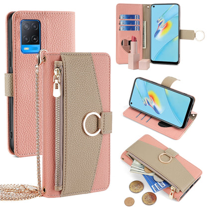 OPPO A54 4G Crossbody Phone Case with Litchi Texture Leather, Adjustable Kickstand, Card Slots, Zipper Purse, Makeup Mirror, and TPU Protection