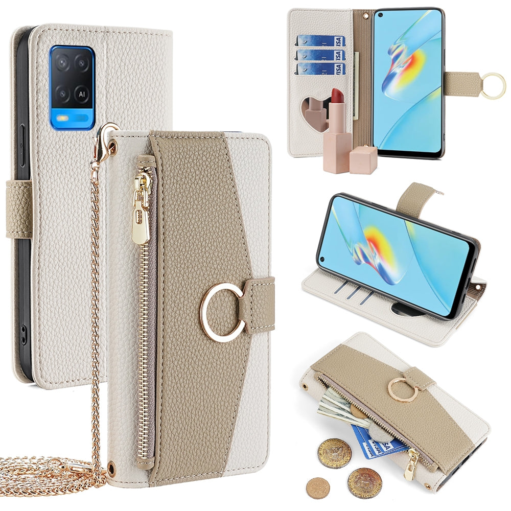 OPPO A54 4G Crossbody Phone Case with Litchi Texture Leather, Adjustable Kickstand, Card Slots, Zipper Purse, Makeup Mirror, and TPU Protection