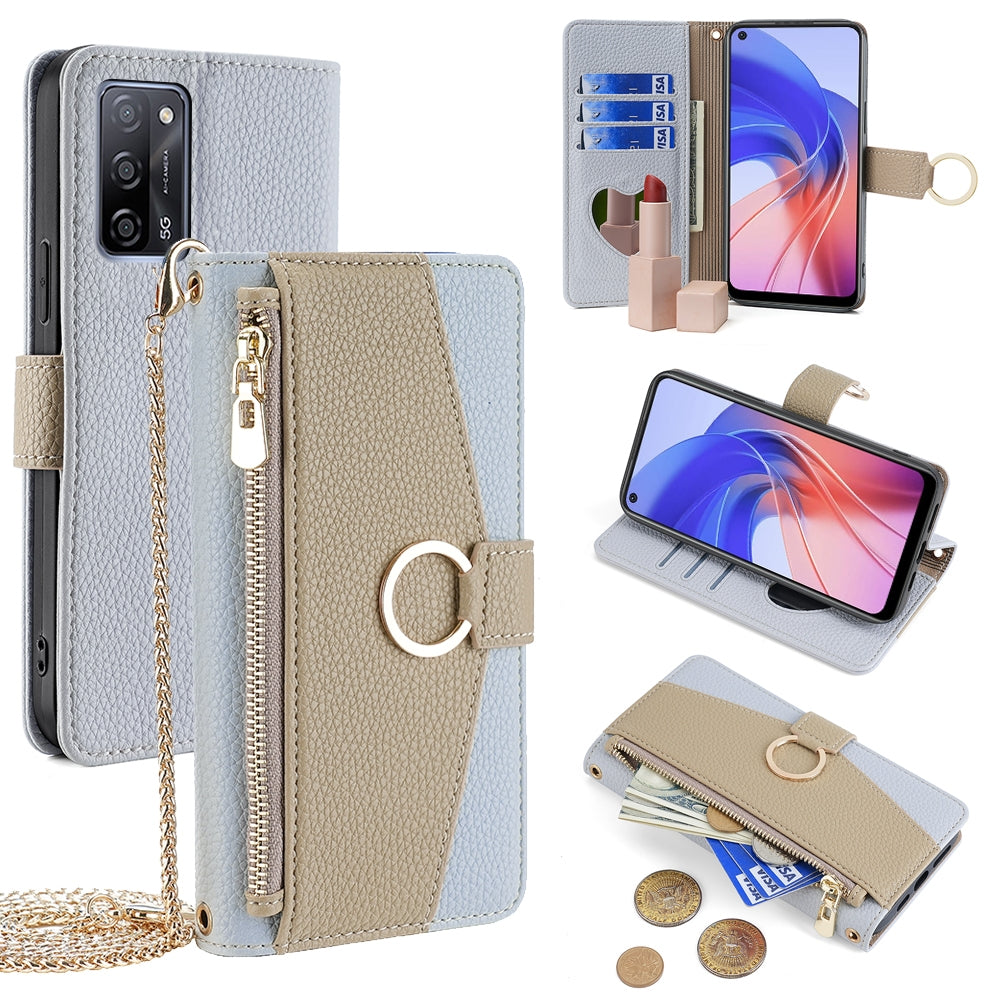 OPPO A55 5G Crossbody Phone Case with Litchi Texture Leather, Adjustable Kickstand, Card Slots, Zipper Purse, Makeup Mirror, and TPU Protection