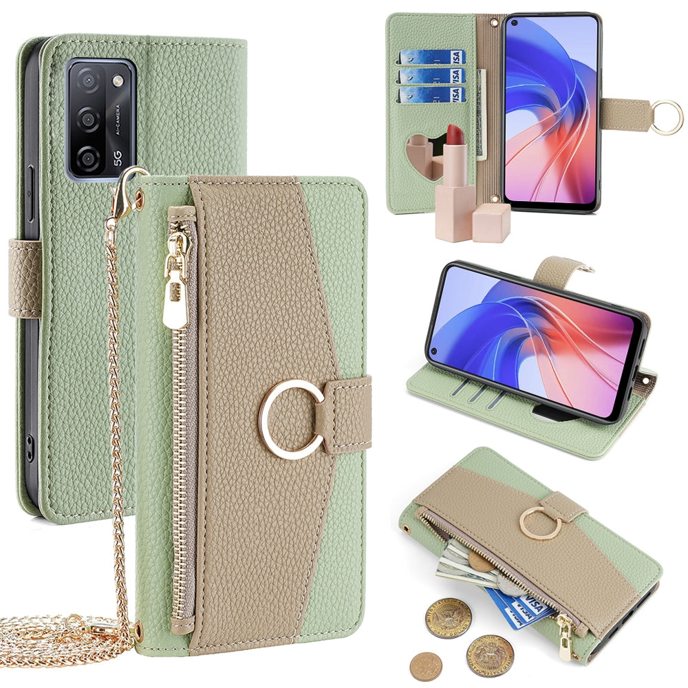 OPPO A55 5G Crossbody Phone Case with Litchi Texture Leather, Adjustable Kickstand, Card Slots, Zipper Purse, Makeup Mirror, and TPU Protection