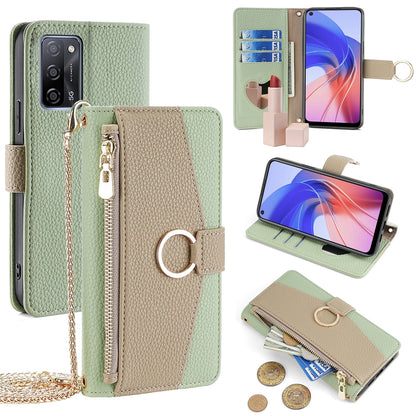OPPO A55 5G Crossbody Phone Case with Litchi Texture Leather, Adjustable Kickstand, Card Slots, Zipper Purse, Makeup Mirror, and TPU Protection