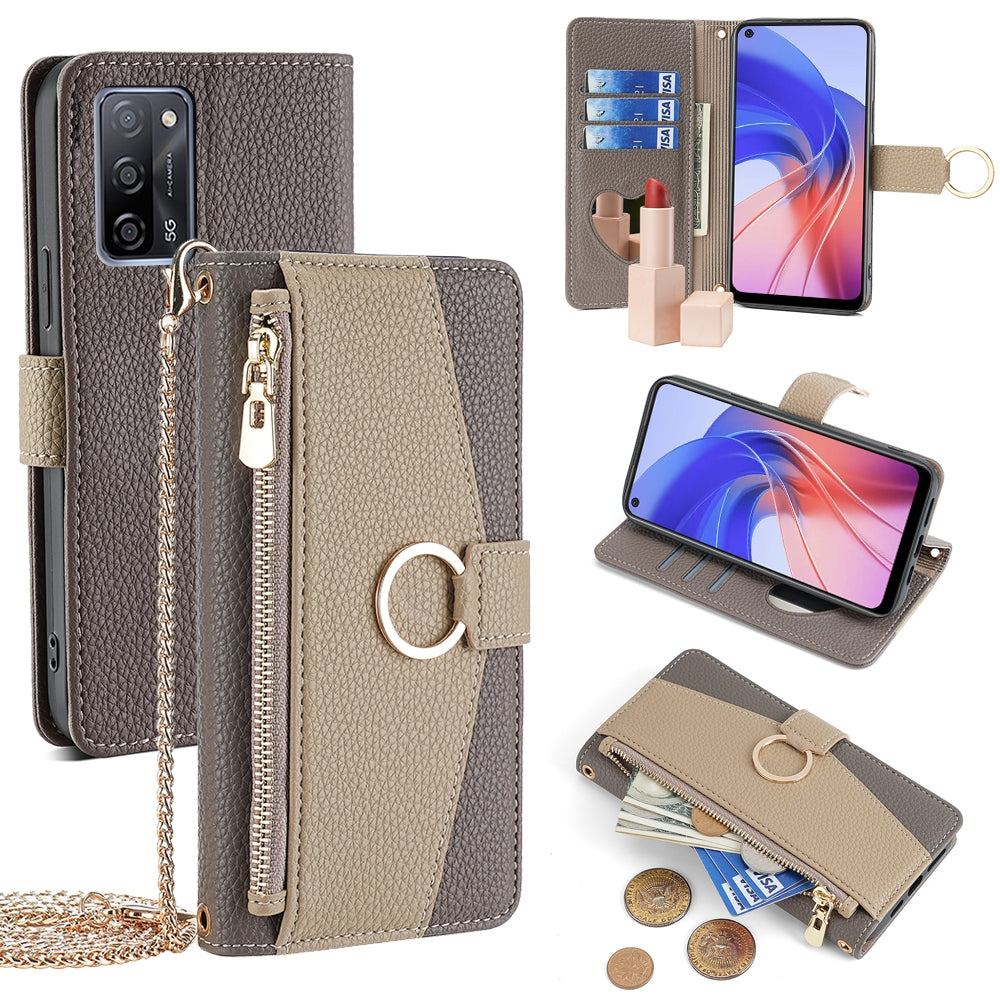 OPPO A55 5G Crossbody Phone Case with Litchi Texture Leather, Adjustable Kickstand, Card Slots, Zipper Purse, Makeup Mirror, and TPU Protection