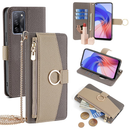 OPPO A55 5G Crossbody Phone Case with Litchi Texture Leather, Adjustable Kickstand, Card Slots, Zipper Purse, Makeup Mirror, and TPU Protection