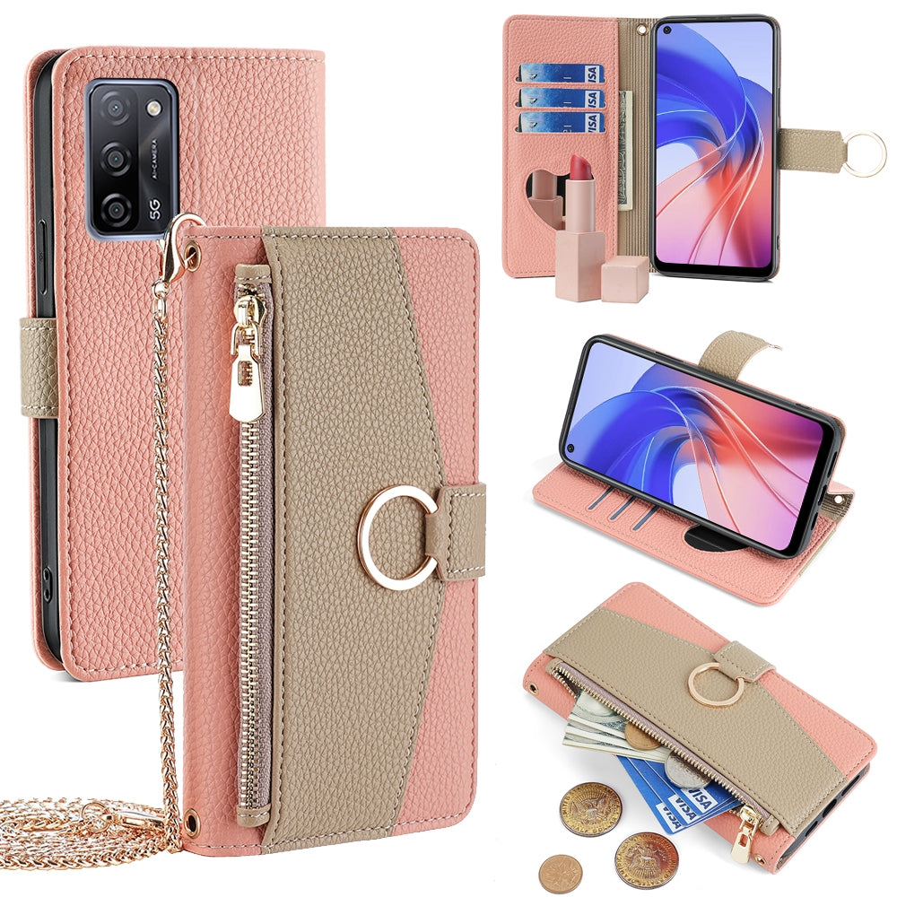 OPPO A55 5G Crossbody Phone Case with Litchi Texture Leather, Adjustable Kickstand, Card Slots, Zipper Purse, Makeup Mirror, and TPU Protection