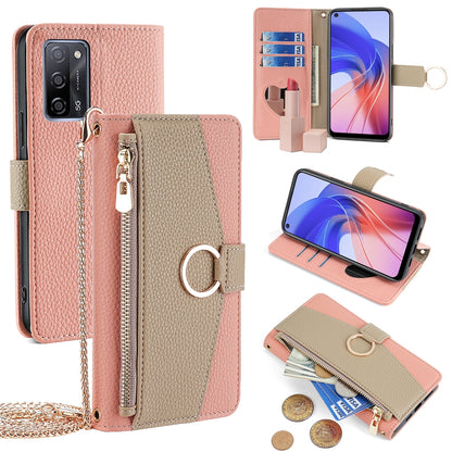 OPPO A55 5G Crossbody Phone Case with Litchi Texture Leather, Adjustable Kickstand, Card Slots, Zipper Purse, Makeup Mirror, and TPU Protection