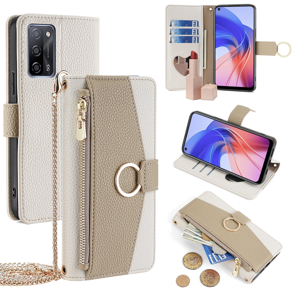 OPPO A55 5G Crossbody Phone Case with Litchi Texture Leather, Adjustable Kickstand, Card Slots, Zipper Purse, Makeup Mirror, and TPU Protection