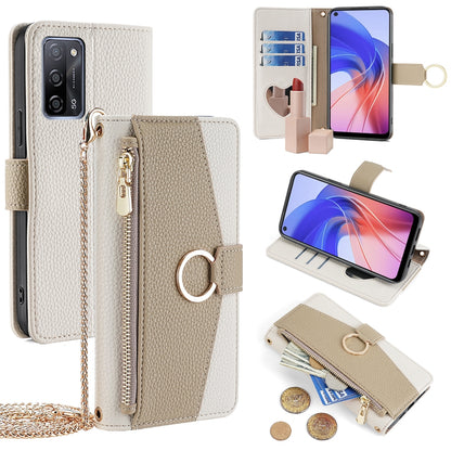 OPPO A55 5G Crossbody Phone Case with Litchi Texture Leather, Adjustable Kickstand, Card Slots, Zipper Purse, Makeup Mirror, and TPU Protection
