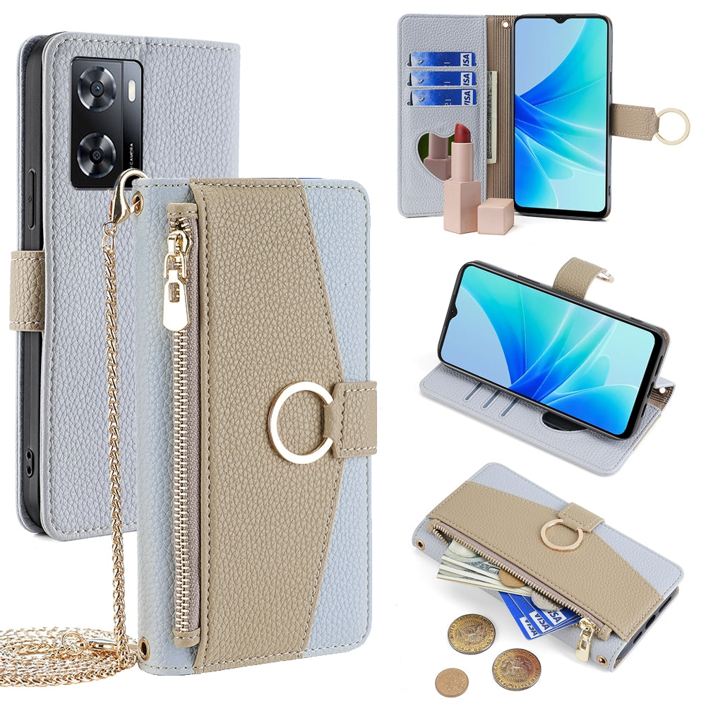 OPPO A57 4G 2022 Crossbody Phone Case with Litchi Texture Leather, Adjustable Kickstand, Card Slots, Zipper Purse, Makeup Mirror, and TPU Protection