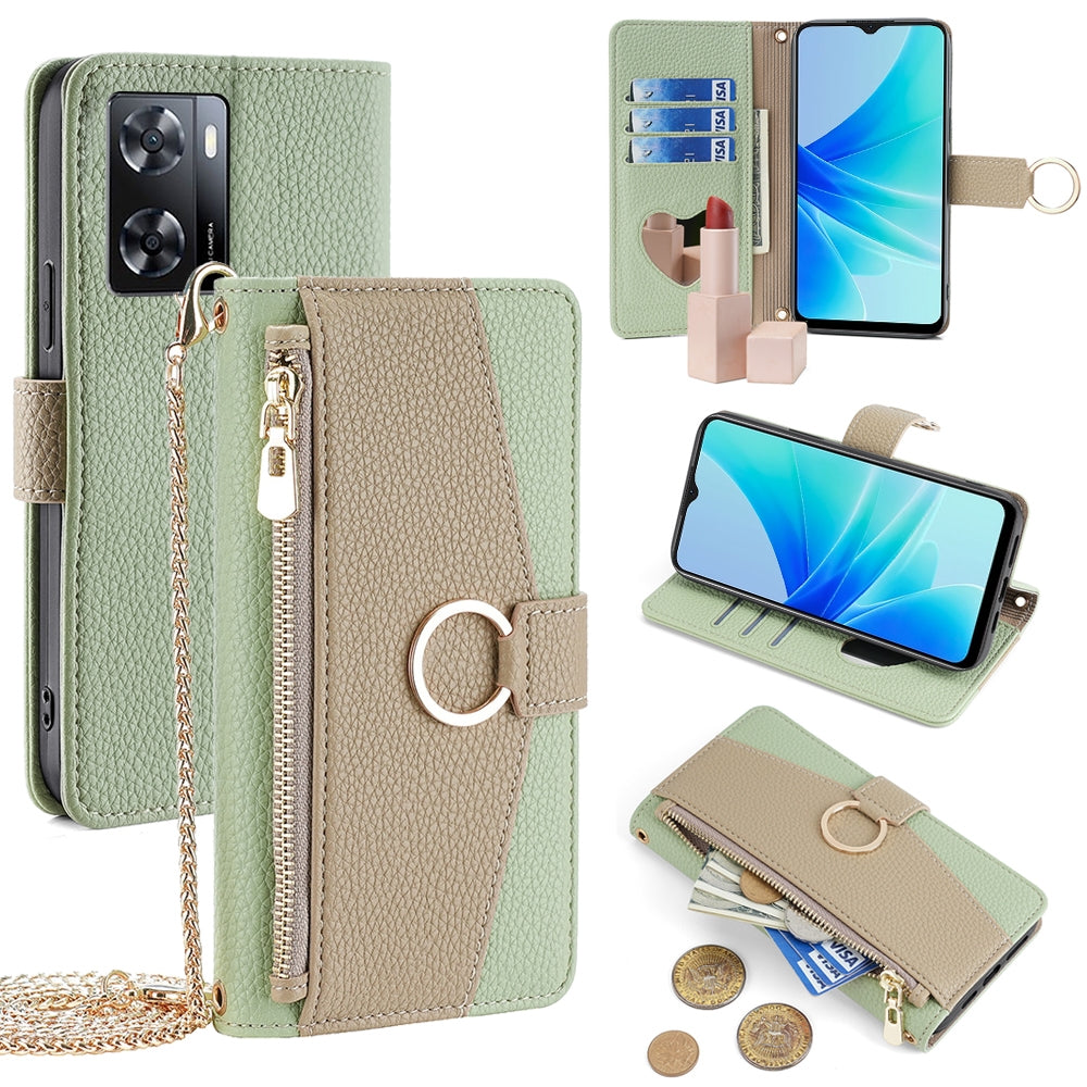 OPPO A57 4G 2022 Crossbody Phone Case with Litchi Texture Leather, Adjustable Kickstand, Card Slots, Zipper Purse, Makeup Mirror, and TPU Protection