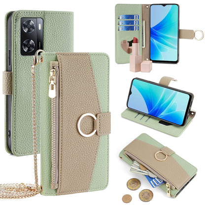 OPPO A57 4G 2022 Crossbody Phone Case with Litchi Texture Leather, Adjustable Kickstand, Card Slots, Zipper Purse, Makeup Mirror, and TPU Protection