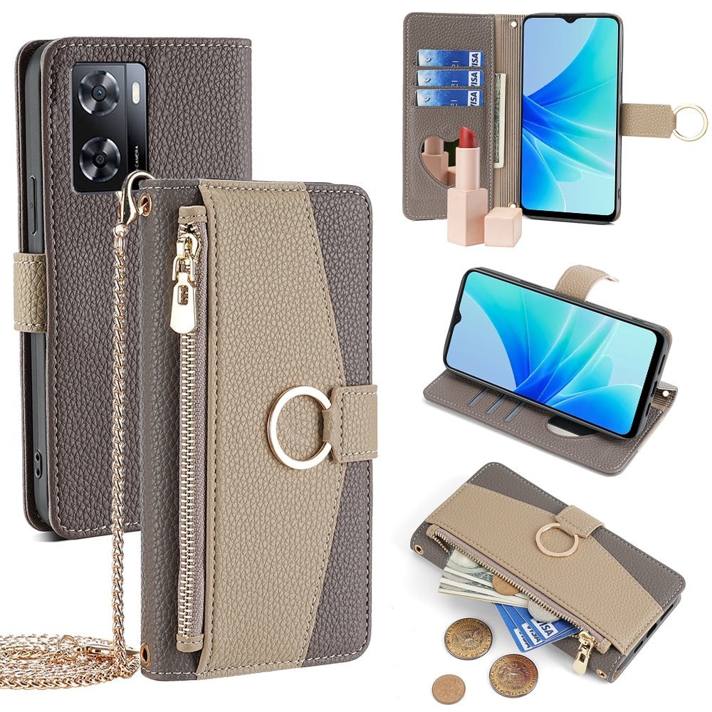 OPPO A57 4G 2022 Crossbody Phone Case with Litchi Texture Leather, Adjustable Kickstand, Card Slots, Zipper Purse, Makeup Mirror, and TPU Protection