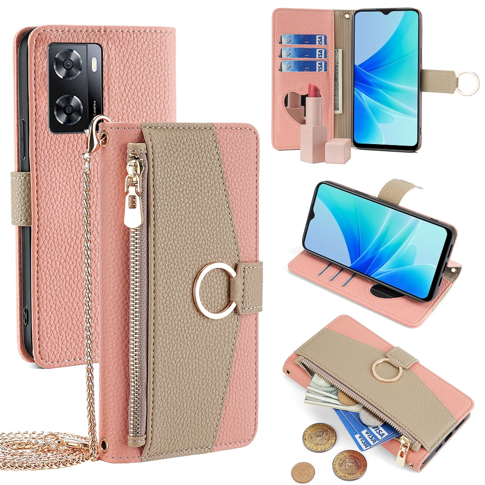 OPPO A57 4G 2022 Crossbody Phone Case with Litchi Texture Leather, Adjustable Kickstand, Card Slots, Zipper Purse, Makeup Mirror, and TPU Protection