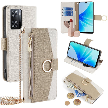OPPO A57 4G 2022 Crossbody Phone Case with Litchi Texture Leather, Adjustable Kickstand, Card Slots, Zipper Purse, Makeup Mirror, and TPU Protection