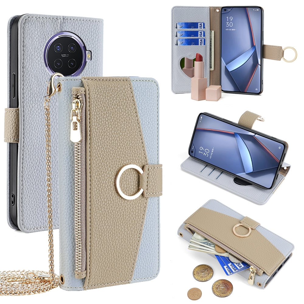 OPPO Ace2 Crossbody Phone Case with Litchi Texture Leather, Adjustable Kickstand, Card Slots, Zipper Purse, Makeup Mirror, and TPU Protection