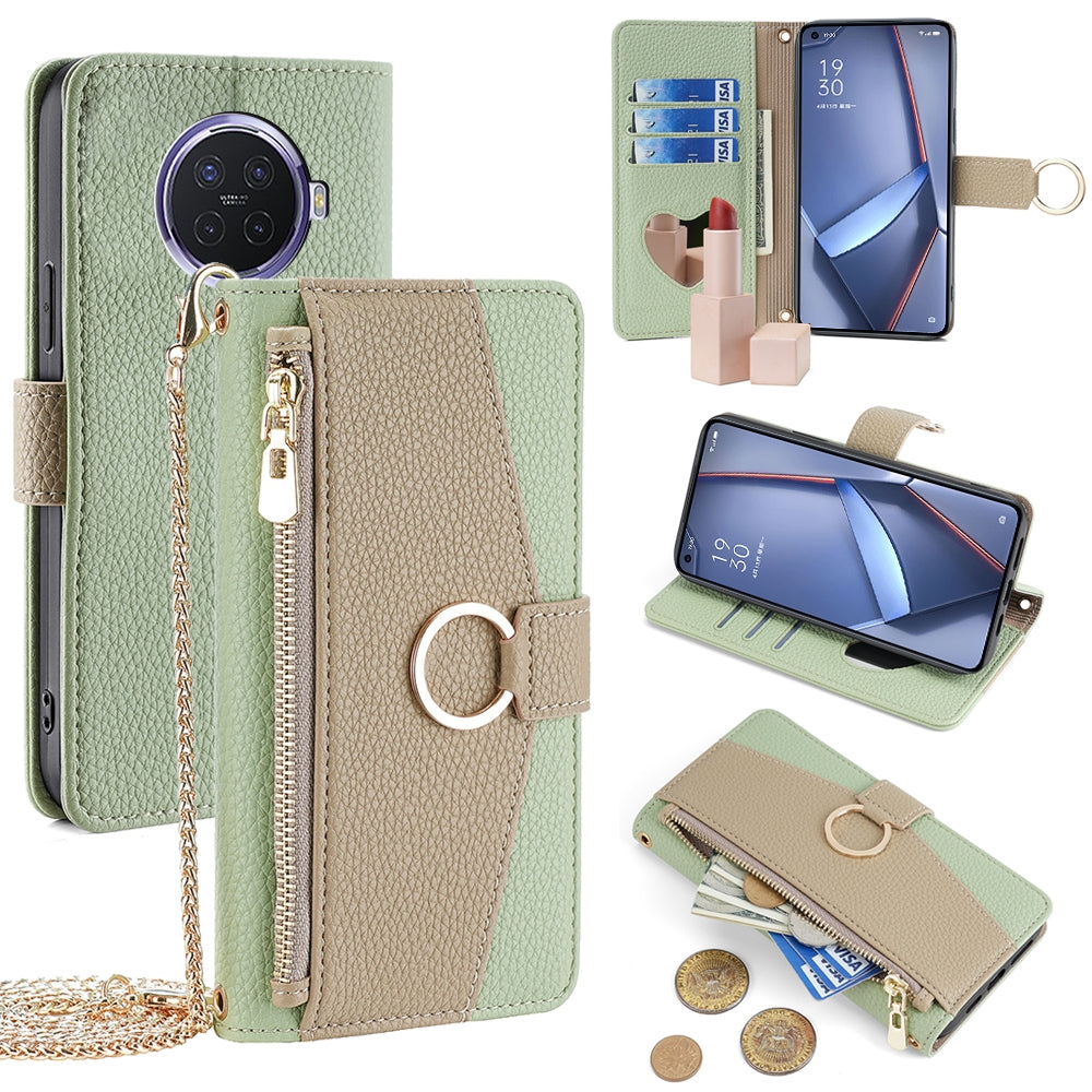 OPPO Ace2 Crossbody Phone Case with Litchi Texture Leather, Adjustable Kickstand, Card Slots, Zipper Purse, Makeup Mirror, and TPU Protection