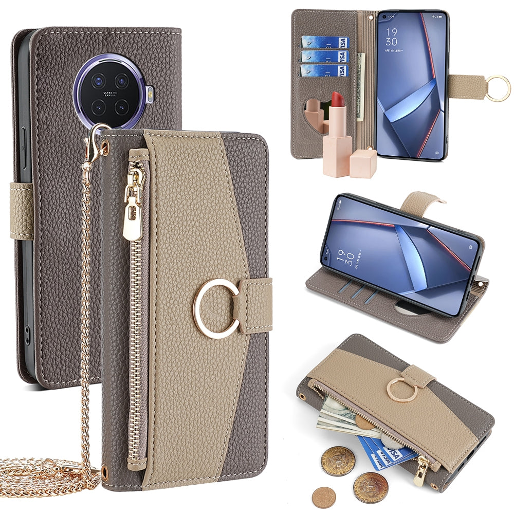 OPPO Ace2 Crossbody Phone Case with Litchi Texture Leather, Adjustable Kickstand, Card Slots, Zipper Purse, Makeup Mirror, and TPU Protection