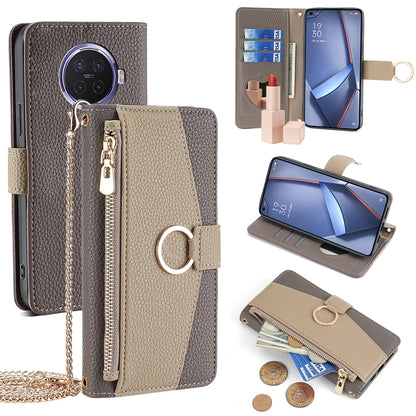 OPPO Ace2 Crossbody Phone Case with Litchi Texture Leather, Adjustable Kickstand, Card Slots, Zipper Purse, Makeup Mirror, and TPU Protection