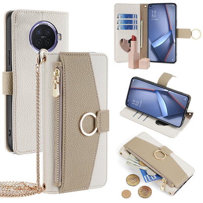 OPPO Ace2 Crossbody Phone Case with Litchi Texture Leather, Adjustable Kickstand, Card Slots, Zipper Purse, Makeup Mirror, and TPU Protection