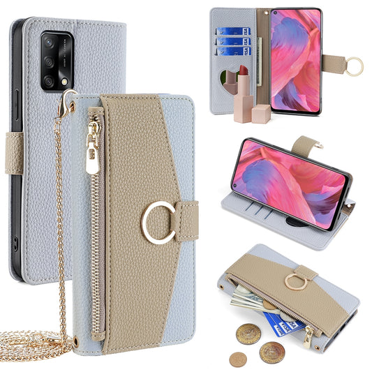 OPPO F19 Crossbody Phone Case with Litchi Texture Leather, Adjustable Kickstand, Card Slots, Zipper Purse, Makeup Mirror, and TPU Protection