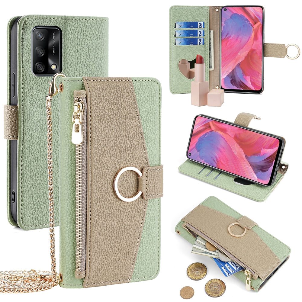 OPPO F19 Crossbody Phone Case with Litchi Texture Leather, Adjustable Kickstand, Card Slots, Zipper Purse, Makeup Mirror, and TPU Protection