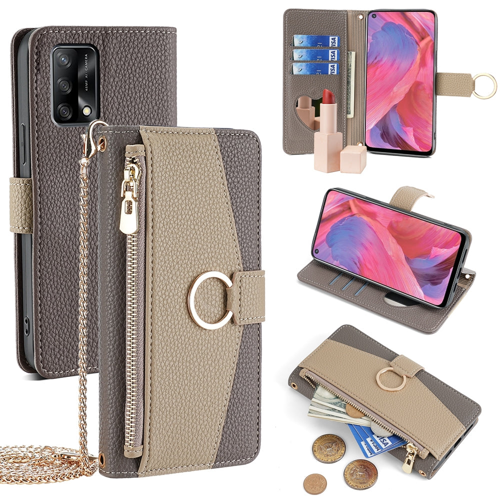 OPPO A74 4G Crossbody Phone Case with Litchi Texture Leather, Adjustable Kickstand, Card Slots, Zipper Purse, Makeup Mirror, and TPU Protection