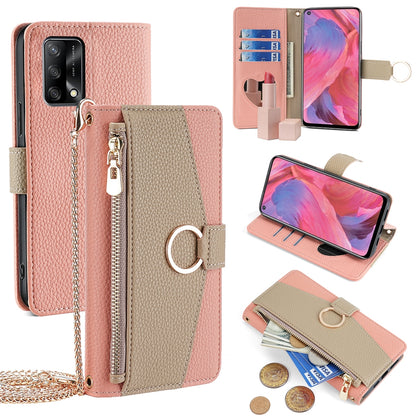 OPPO A74 4G Crossbody Phone Case with Litchi Texture Leather, Adjustable Kickstand, Card Slots, Zipper Purse, Makeup Mirror, and TPU Protection