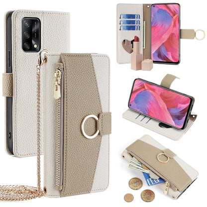 OPPO F19 Crossbody Phone Case with Litchi Texture Leather, Adjustable Kickstand, Card Slots, Zipper Purse, Makeup Mirror, and TPU Protection