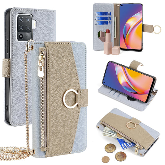 OPPO F19 Pro Crossbody Phone Case with Litchi Texture Leather, Adjustable Kickstand, Card Slots, Zipper Purse, Makeup Mirror, and TPU Protection