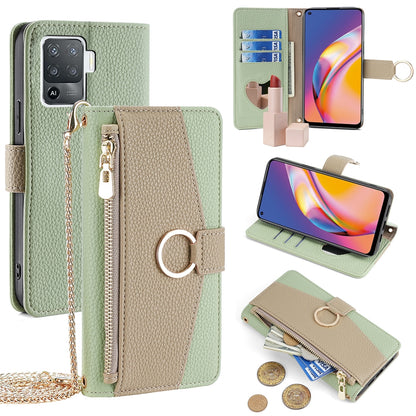 OPPO F19 Pro Crossbody Phone Case with Litchi Texture Leather, Adjustable Kickstand, Card Slots, Zipper Purse, Makeup Mirror, and TPU Protection
