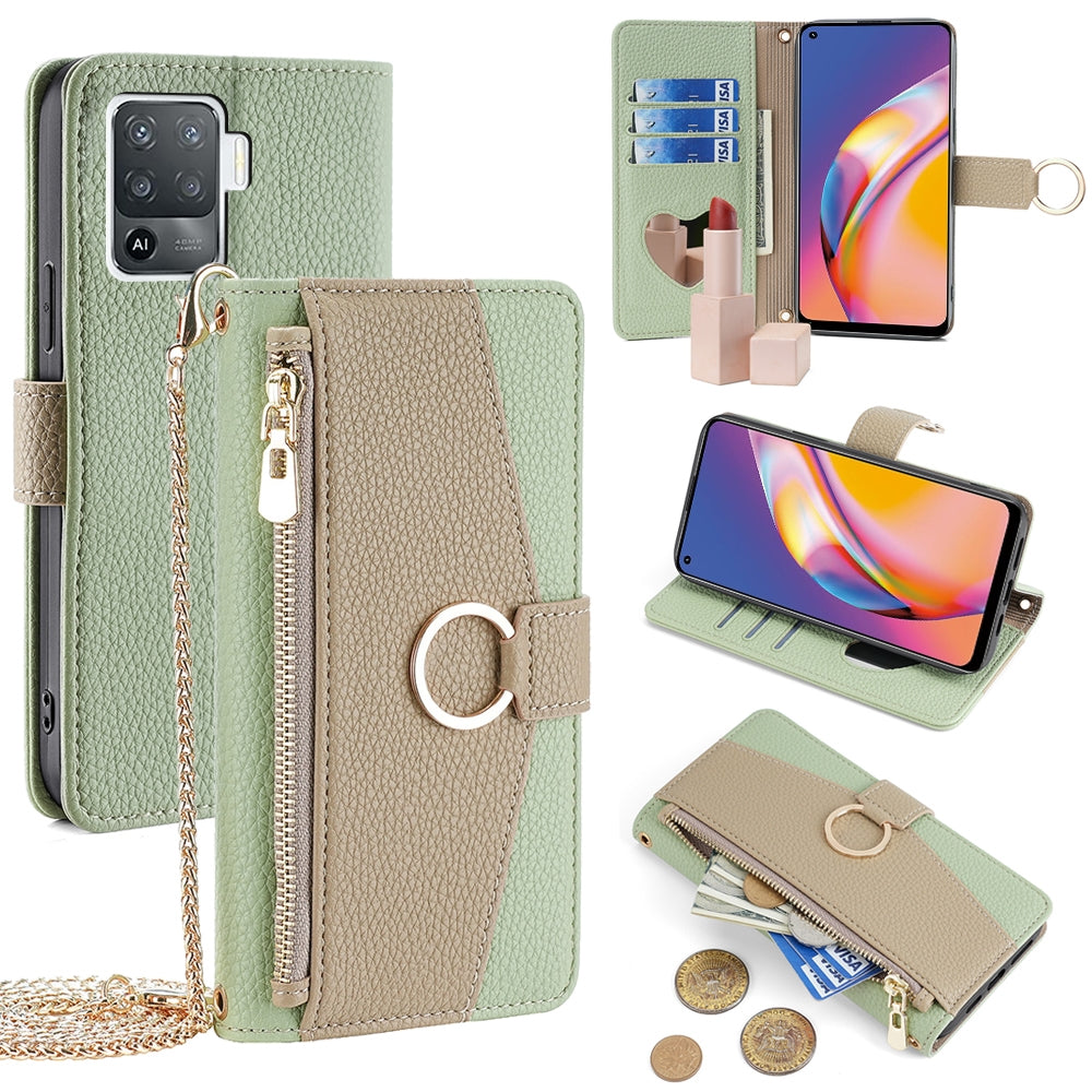 OPPO Reno5 F Crossbody Phone Case with Litchi Texture Leather, Adjustable Kickstand, Card Slots, Zipper Purse, Makeup Mirror, and TPU Protection