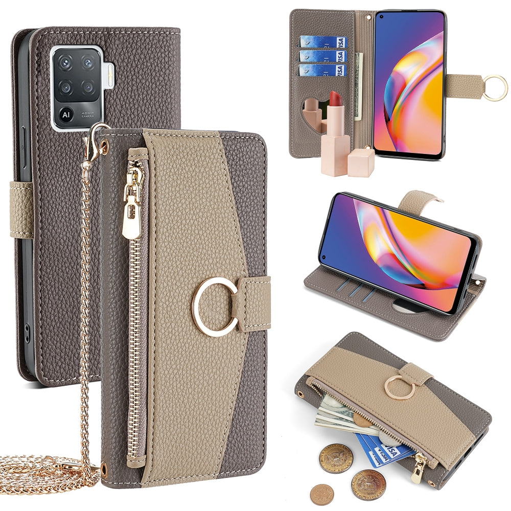 OPPO Reno5 F Crossbody Phone Case with Litchi Texture Leather, Adjustable Kickstand, Card Slots, Zipper Purse, Makeup Mirror, and TPU Protection