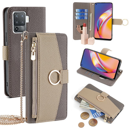 OPPO A94 4G Crossbody Phone Case with Litchi Texture Leather, Adjustable Kickstand, Card Slots, Zipper Purse, Makeup Mirror, and TPU Protection