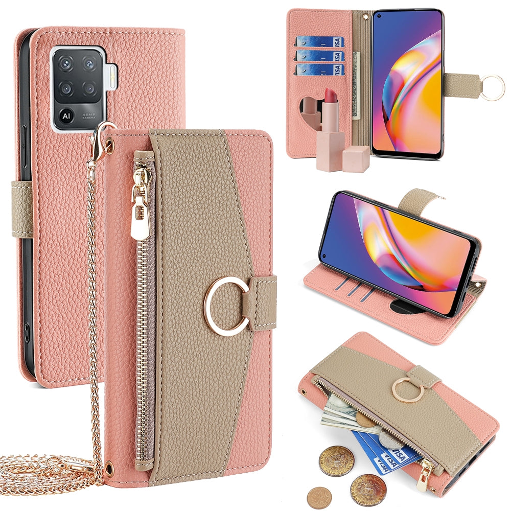 OPPO Reno5 F Crossbody Phone Case with Litchi Texture Leather, Adjustable Kickstand, Card Slots, Zipper Purse, Makeup Mirror, and TPU Protection