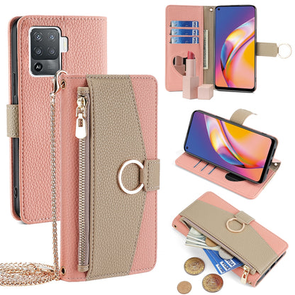 OPPO Reno5 F Crossbody Phone Case with Litchi Texture Leather, Adjustable Kickstand, Card Slots, Zipper Purse, Makeup Mirror, and TPU Protection