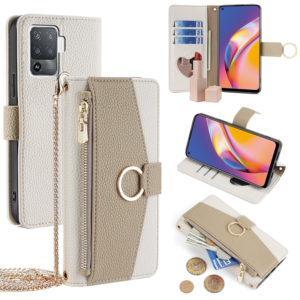 OPPO A94 4G Crossbody Phone Case with Litchi Texture Leather, Adjustable Kickstand, Card Slots, Zipper Purse, Makeup Mirror, and TPU Protection