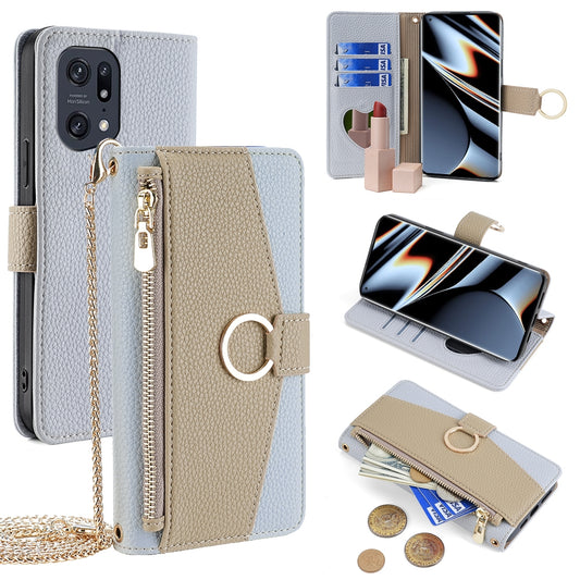 OPPO Find X5 Pro Crossbody Phone Case with Litchi Texture Leather, Adjustable Kickstand, Card Slots, Zipper Purse, Makeup Mirror, and TPU Protection