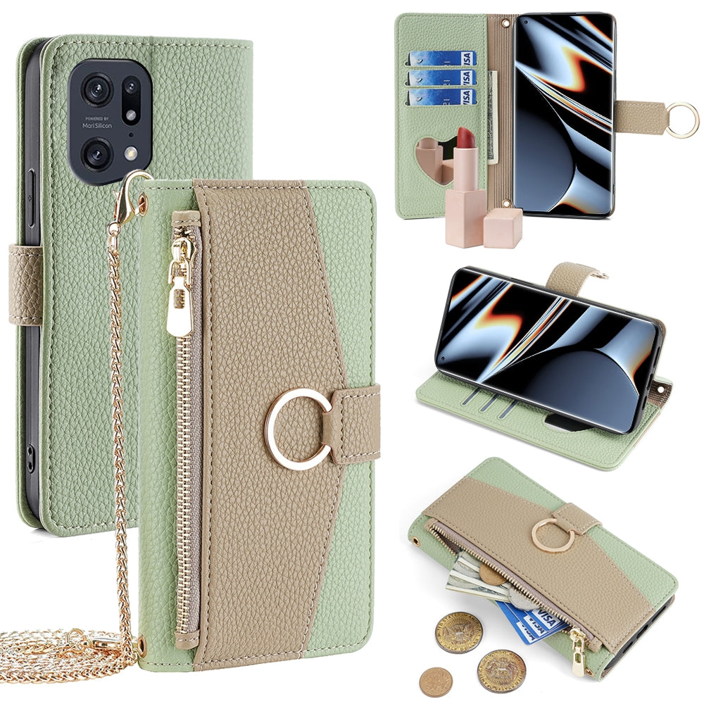 OPPO Find X5 Pro Crossbody Phone Case with Litchi Texture Leather, Adjustable Kickstand, Card Slots, Zipper Purse, Makeup Mirror, and TPU Protection