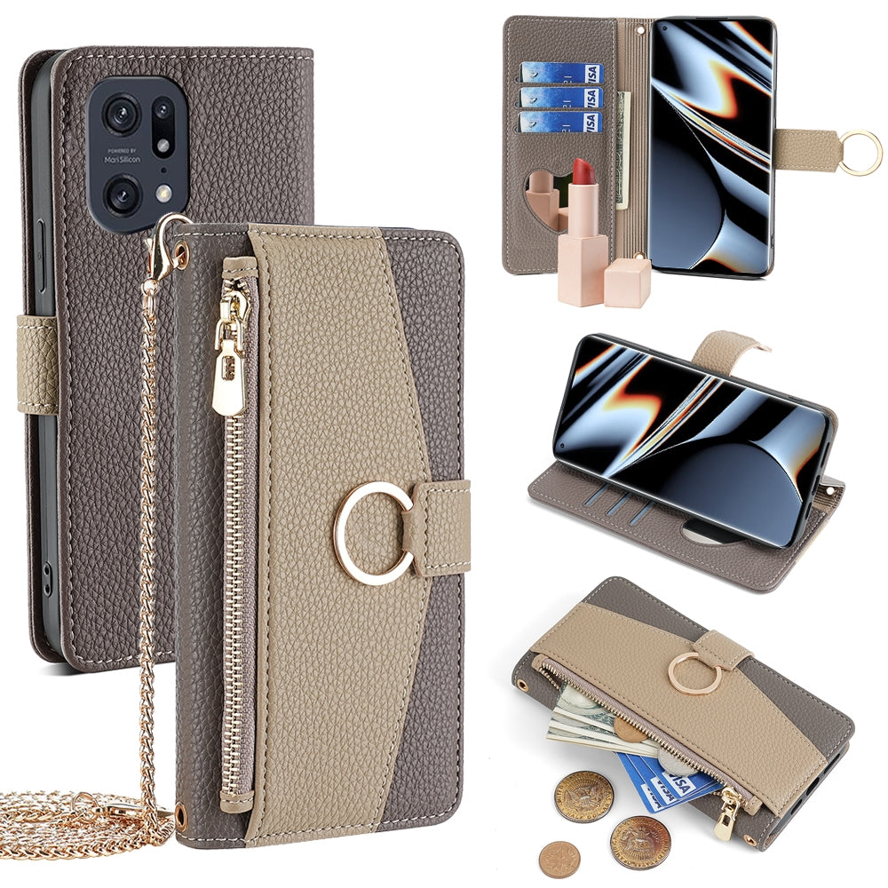 OPPO Find X5 Pro Crossbody Phone Case with Litchi Texture Leather, Adjustable Kickstand, Card Slots, Zipper Purse, Makeup Mirror, and TPU Protection