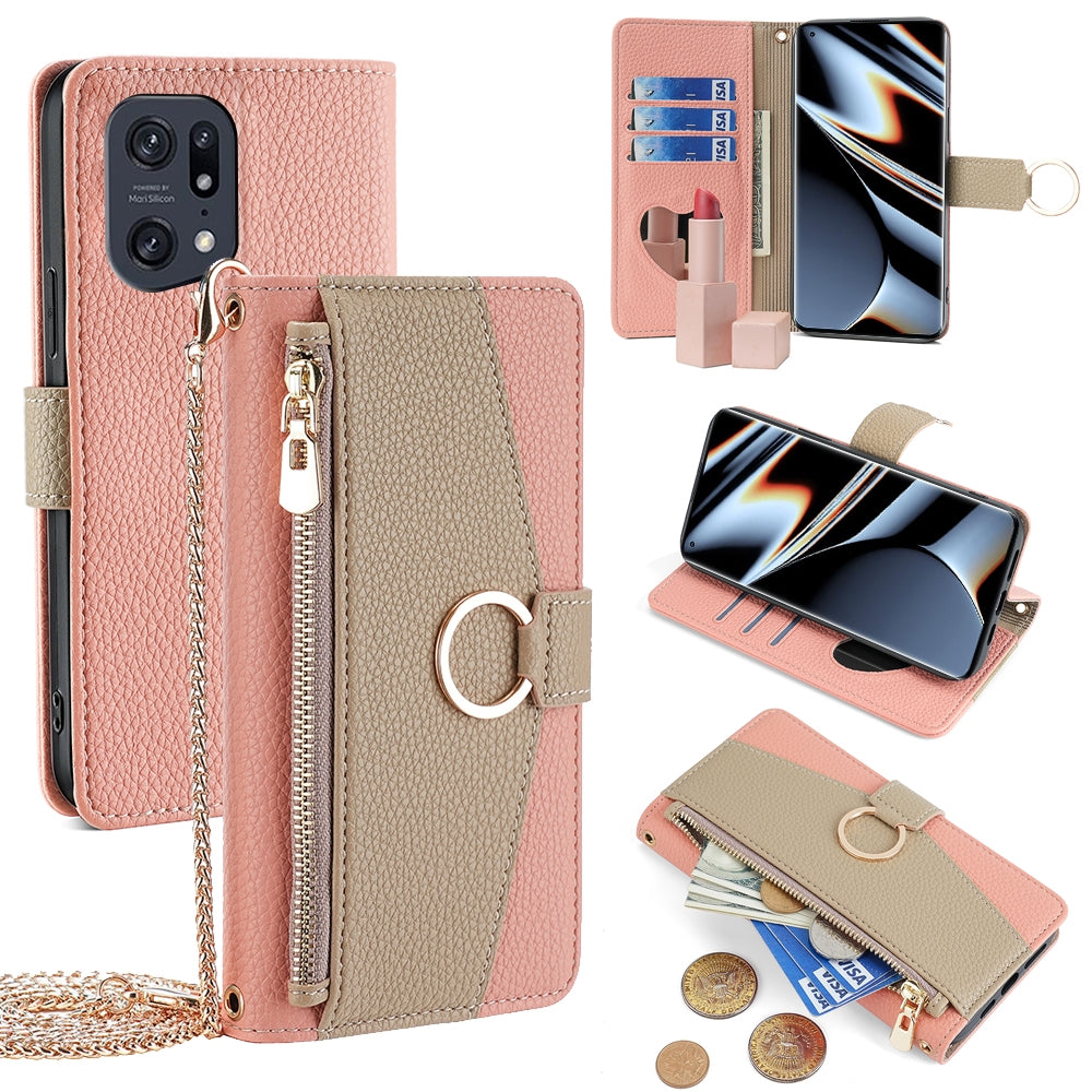 OPPO Find X5 Pro Crossbody Phone Case with Litchi Texture Leather, Adjustable Kickstand, Card Slots, Zipper Purse, Makeup Mirror, and TPU Protection
