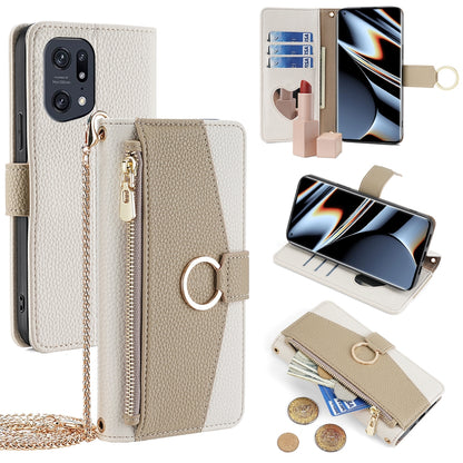 OPPO Find X5 Pro Crossbody Phone Case with Litchi Texture Leather, Adjustable Kickstand, Card Slots, Zipper Purse, Makeup Mirror, and TPU Protection