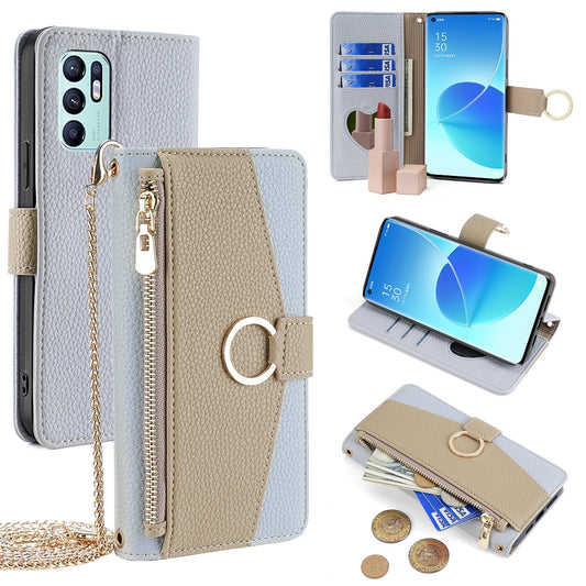 OPPO Reno6 4G Crossbody Phone Case with Litchi Texture Leather, Adjustable Kickstand, Card Slots, Zipper Purse, Makeup Mirror, and TPU Protection
