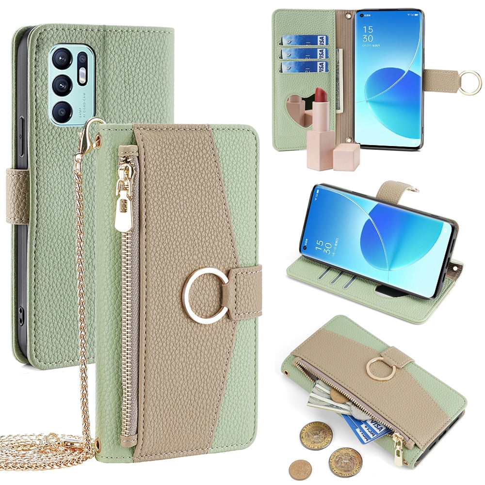 OPPO Reno6 4G Crossbody Phone Case with Litchi Texture Leather, Adjustable Kickstand, Card Slots, Zipper Purse, Makeup Mirror, and TPU Protection
