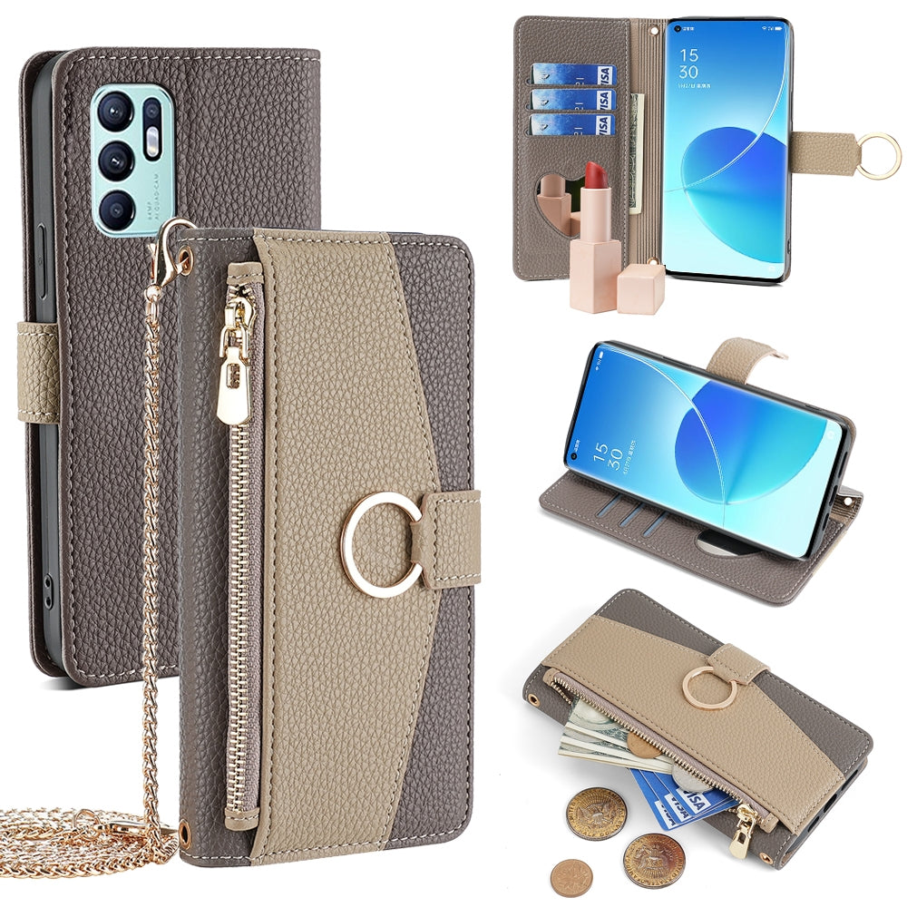 OPPO Reno6 4G Crossbody Phone Case with Litchi Texture Leather, Adjustable Kickstand, Card Slots, Zipper Purse, Makeup Mirror, and TPU Protection