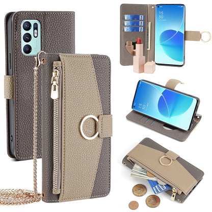 OPPO Reno6 4G Crossbody Phone Case with Litchi Texture Leather, Adjustable Kickstand, Card Slots, Zipper Purse, Makeup Mirror, and TPU Protection