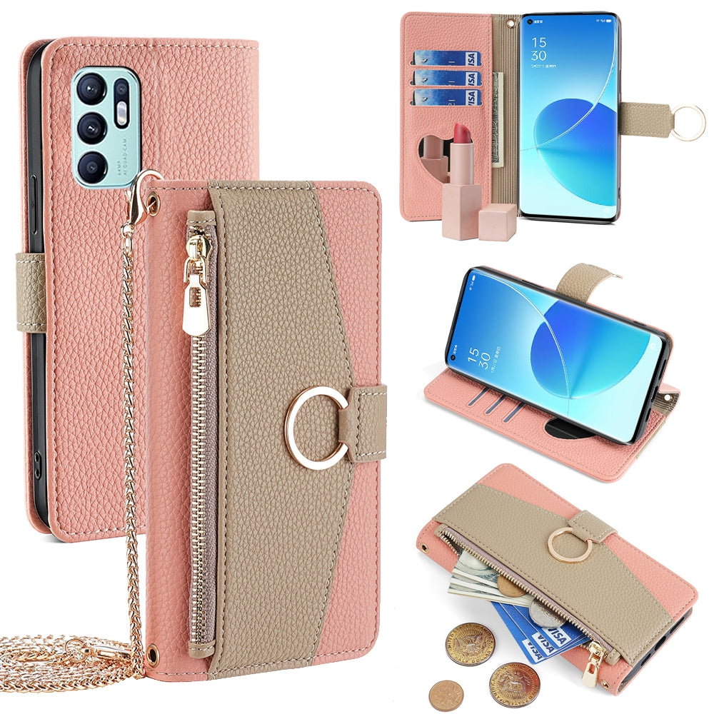 OPPO Reno6 4G Crossbody Phone Case with Litchi Texture Leather, Adjustable Kickstand, Card Slots, Zipper Purse, Makeup Mirror, and TPU Protection